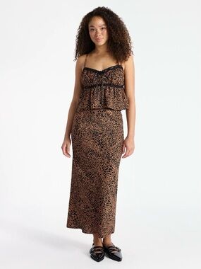 Leopard Print Satin Trim Cami Top and Maxi Skirt with Spaghetti Straps
